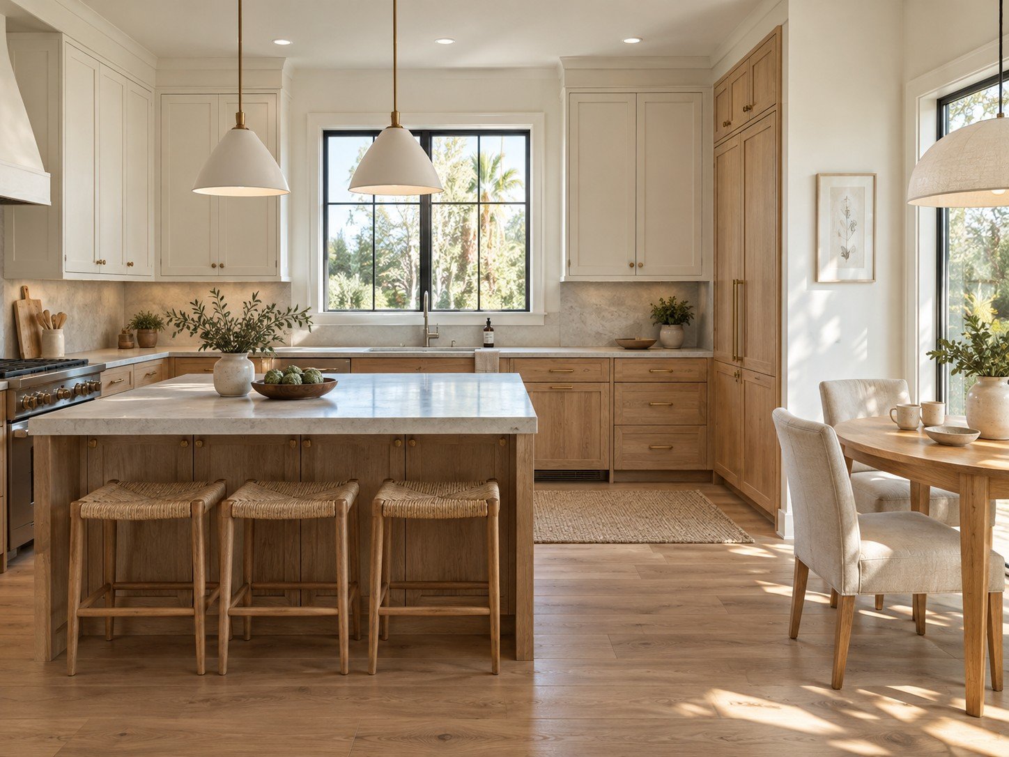 Finished oak and soft white kitchen with a sunlit dining nook