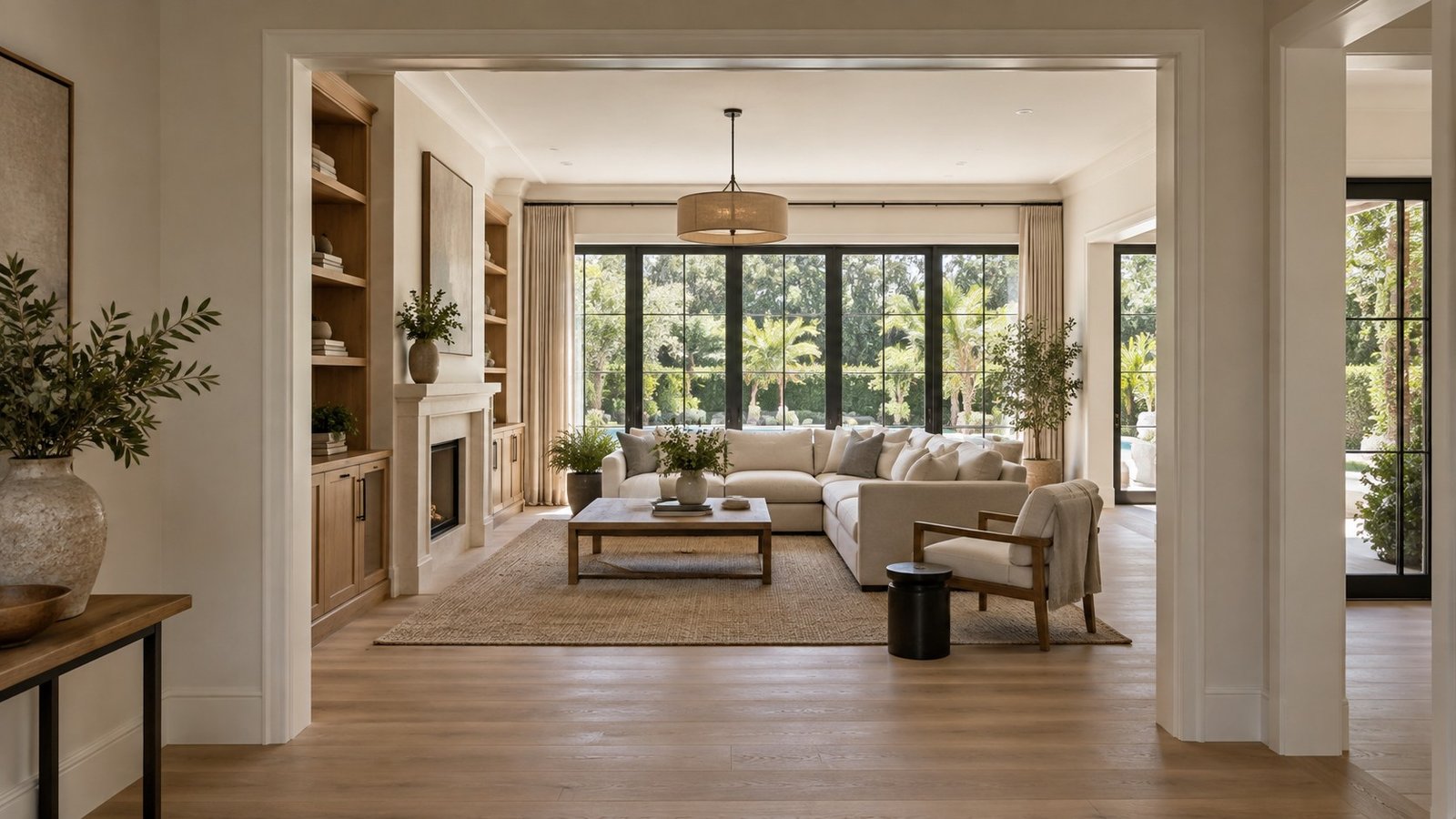 Renovated living room framed by a broad opening with oak floors and garden windows