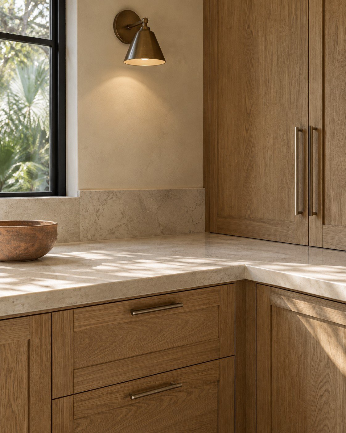 Oak cabinetry, brushed metal hardware and honed stone countertop detail
