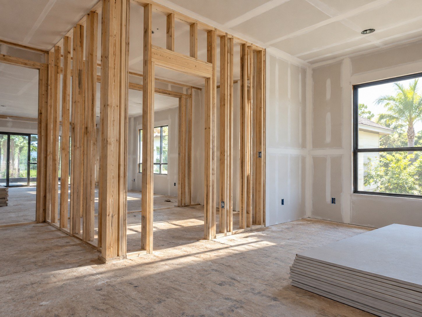 New timber partitions and taped drywall in a clean residential renovation