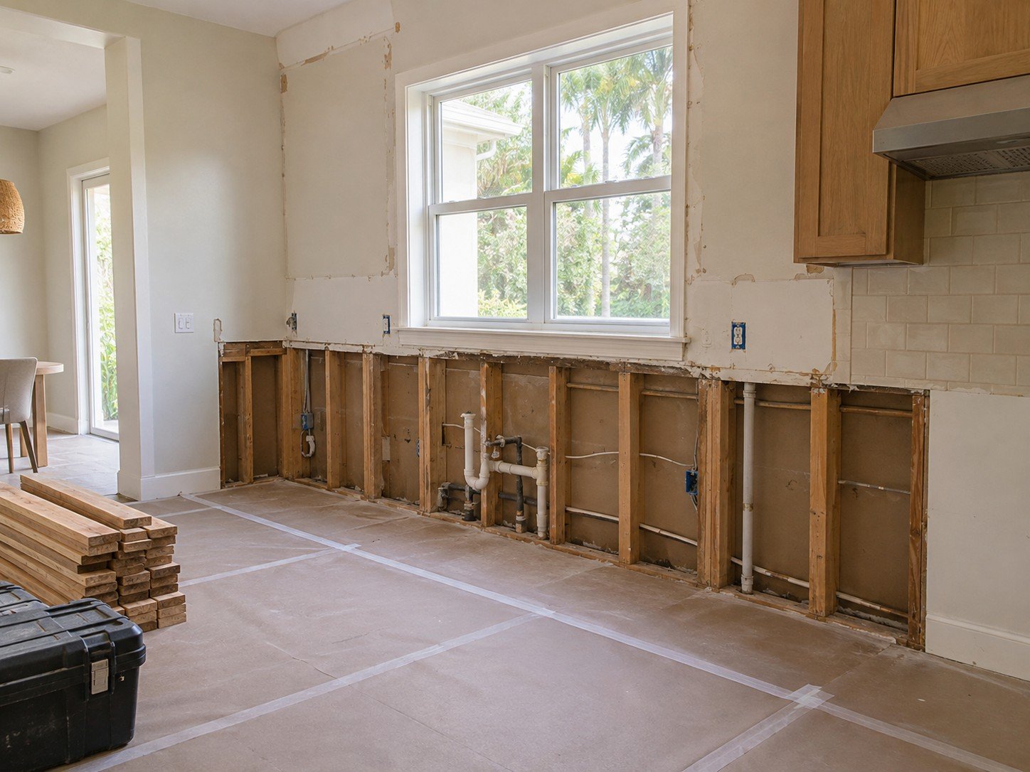 Selective kitchen demolition with exposed framing and protected floors