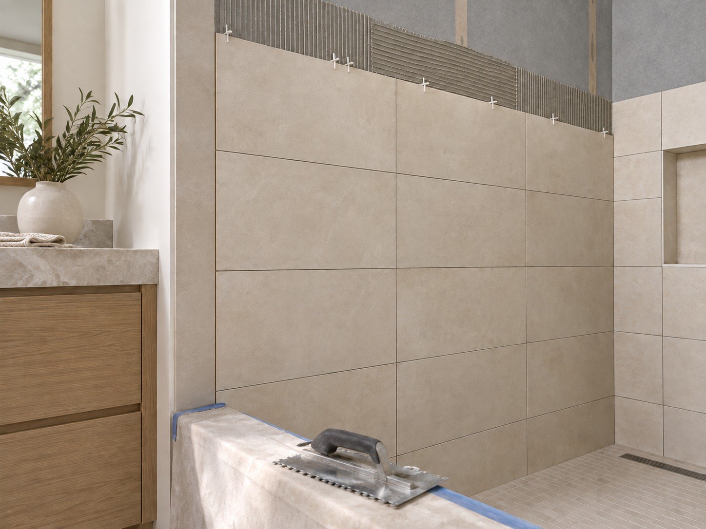 Porcelain shower tile installation with even joints and protected surfaces