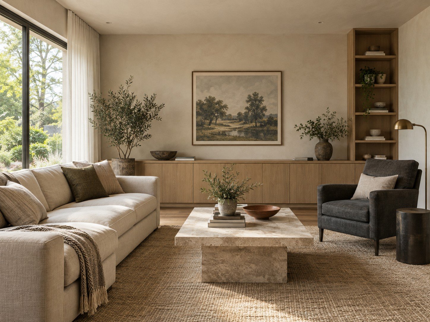 Warm living room with oak built-ins, linen seating and a stone coffee table