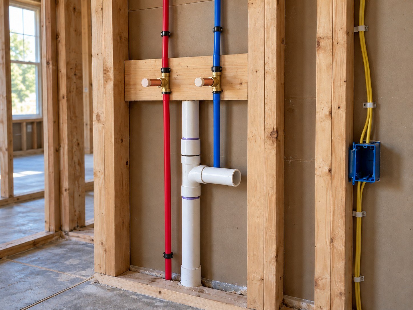 Neatly routed hot and cold water supplies, drain and electrical rough-in