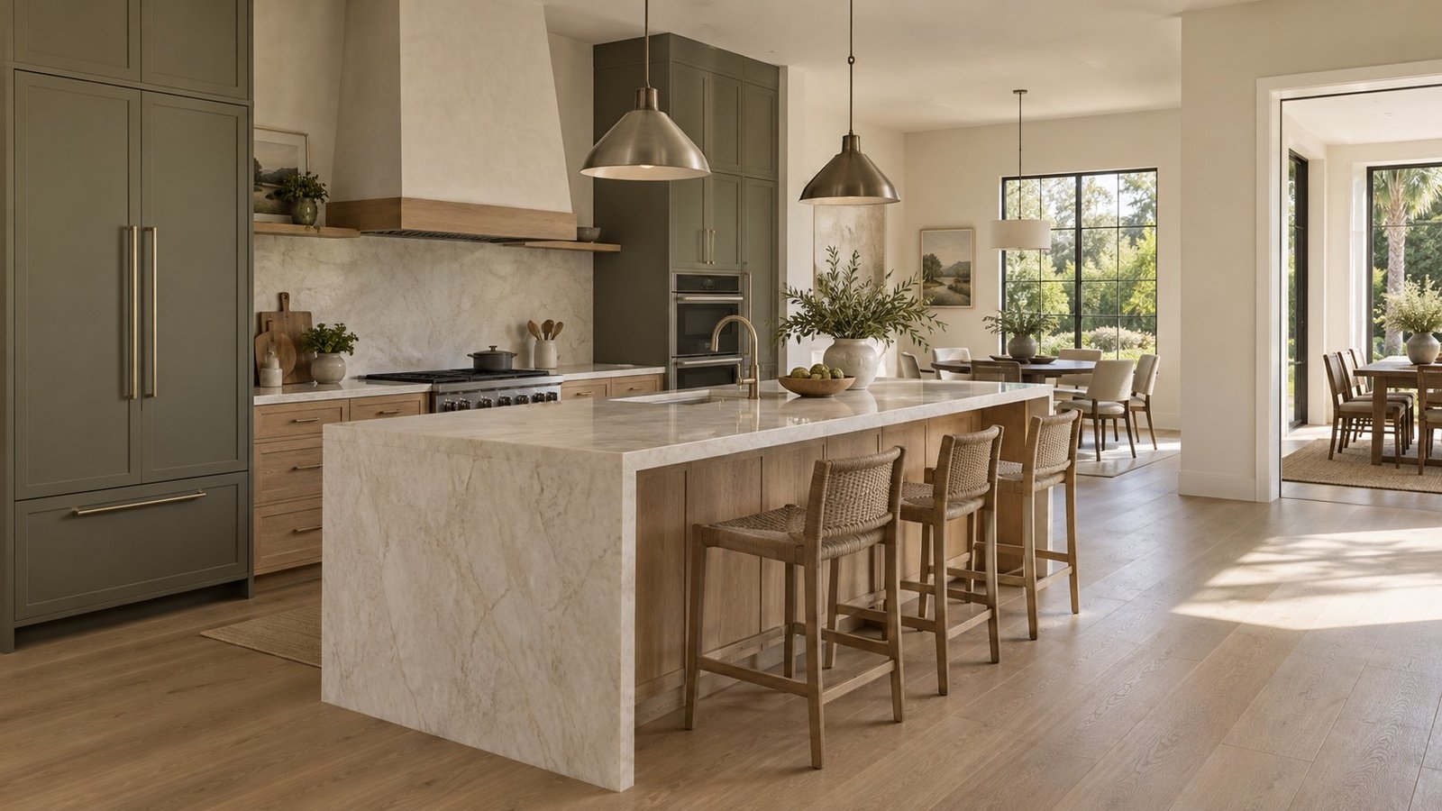 Oak and olive-gray kitchen with stone island and adjoining breakfast room