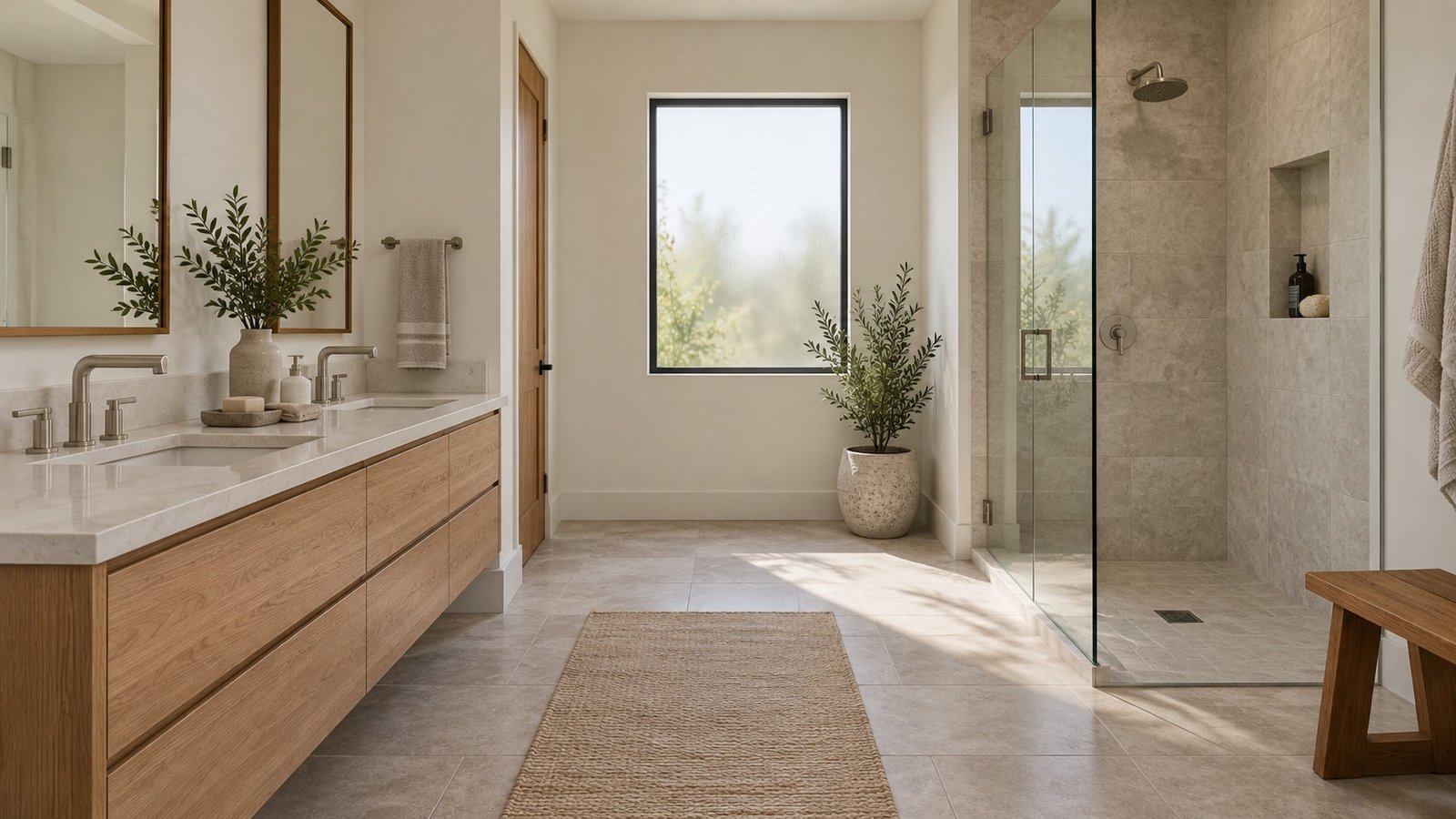 Primary bathroom with oak double vanity, warm stone tile and glass shower