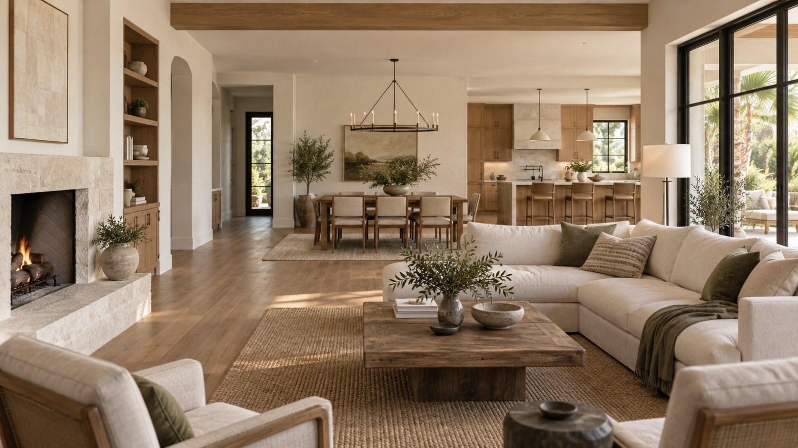 Connected living, dining and kitchen spaces with oak floors and a stone fireplace