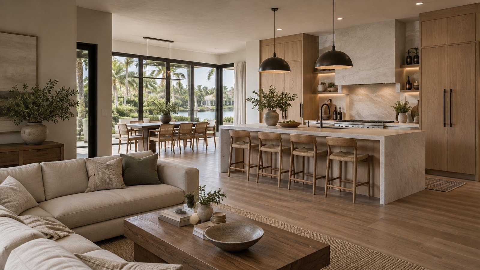 Open oak kitchen and stone island flowing into a sunlit living and dining area